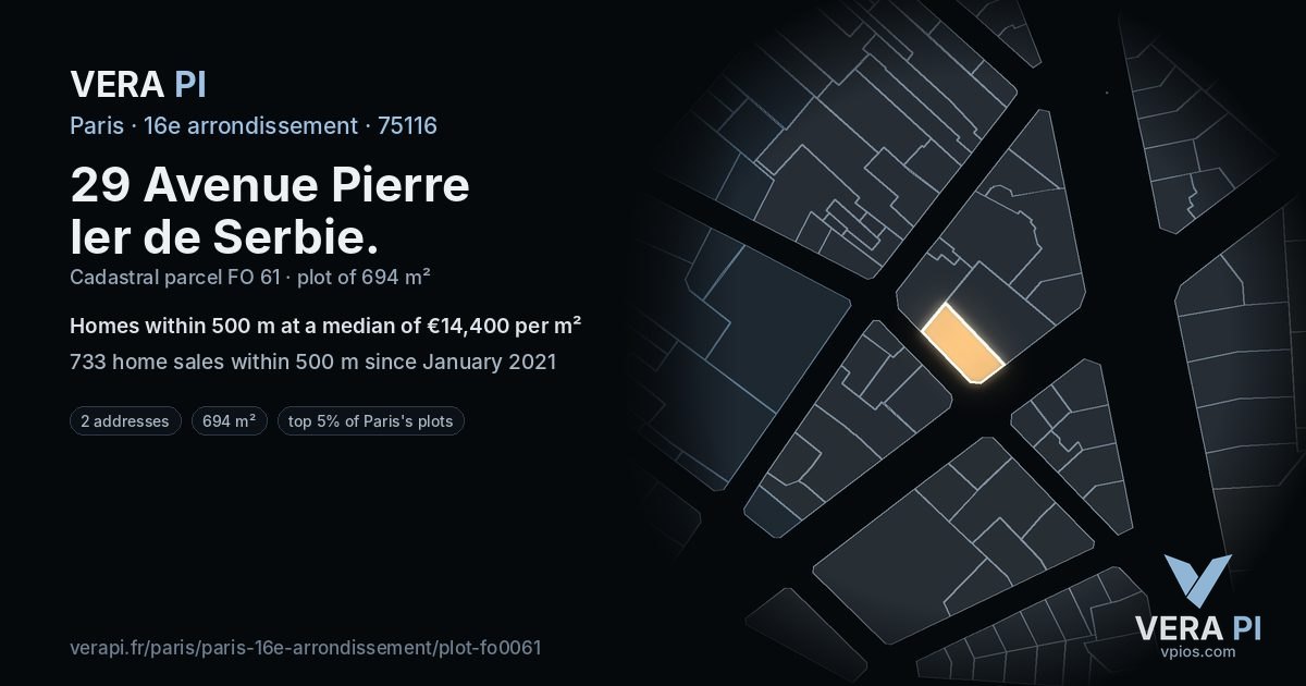 29 Avenue Pierre Ier de Serbie, 16e arrondissement at night – the plot lit, the parcels around coloured by the prices near them