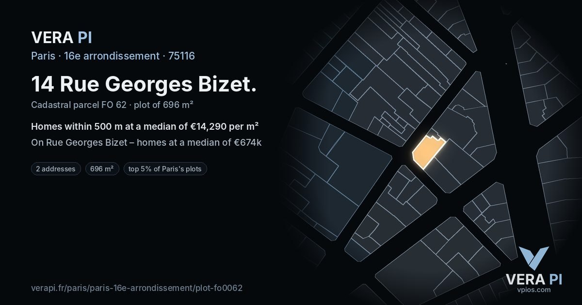 14 Rue Georges Bizet, 16e arrondissement at night – the plot lit, the parcels around coloured by the prices near them