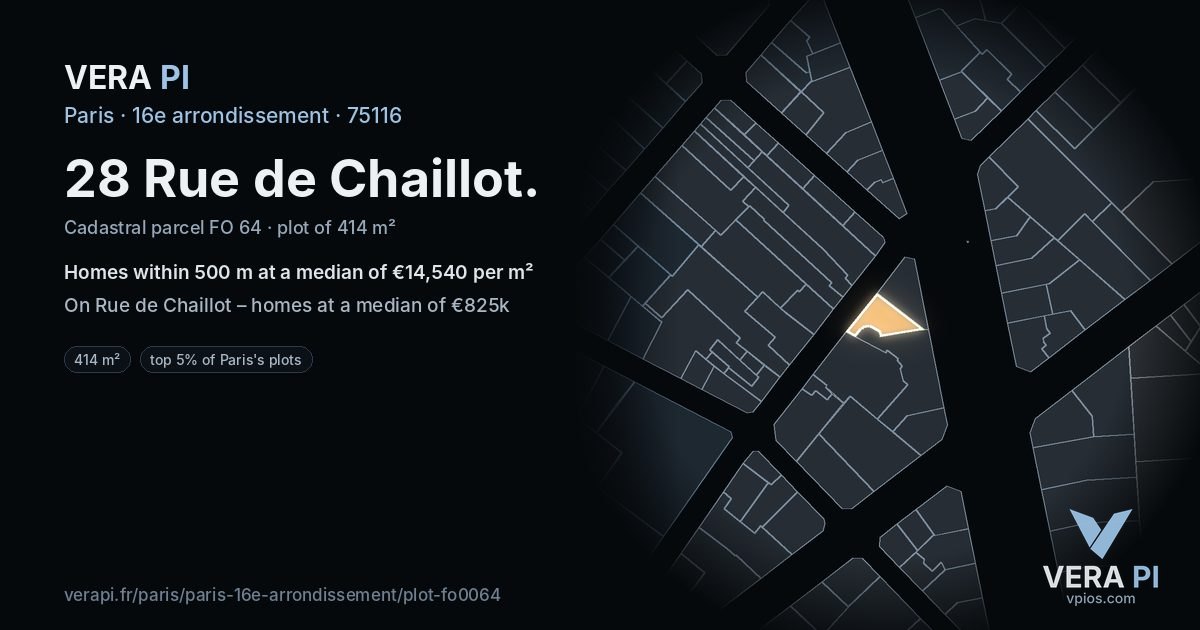 28 Rue de Chaillot, 16e arrondissement at night – the plot lit, the parcels around coloured by the prices near them