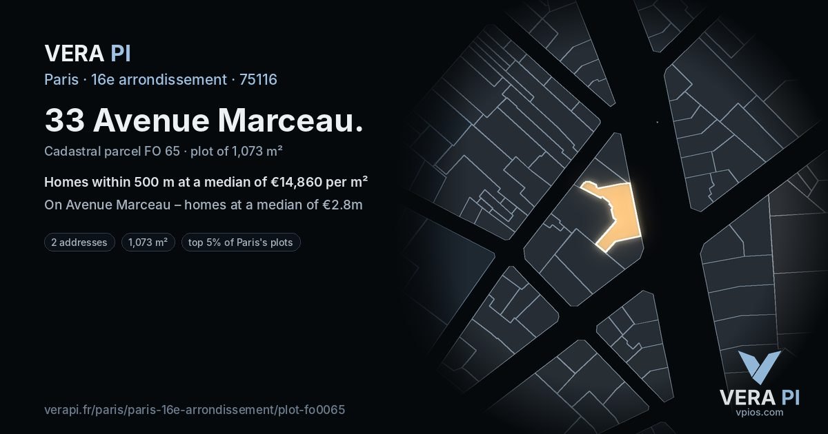 33 Avenue Marceau, 16e arrondissement at night – the plot lit, the parcels around coloured by the prices near them