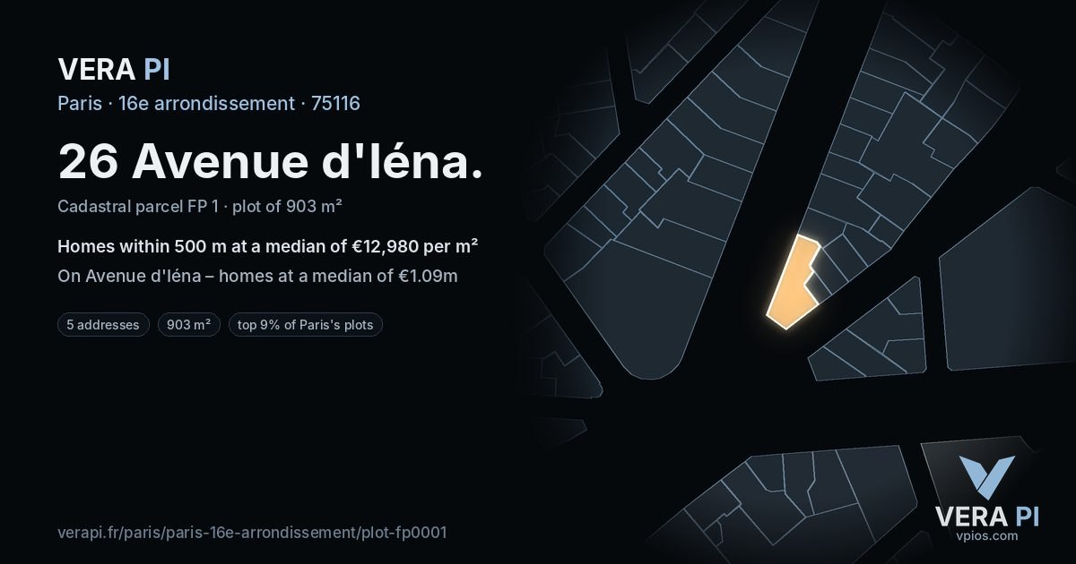 26 Avenue d'Iéna, 16e arrondissement at night – the plot lit, the parcels around coloured by the prices near them