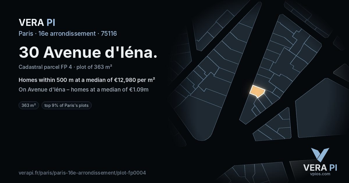 30 Avenue d'Iéna, 16e arrondissement at night – the plot lit, the parcels around coloured by the prices near them