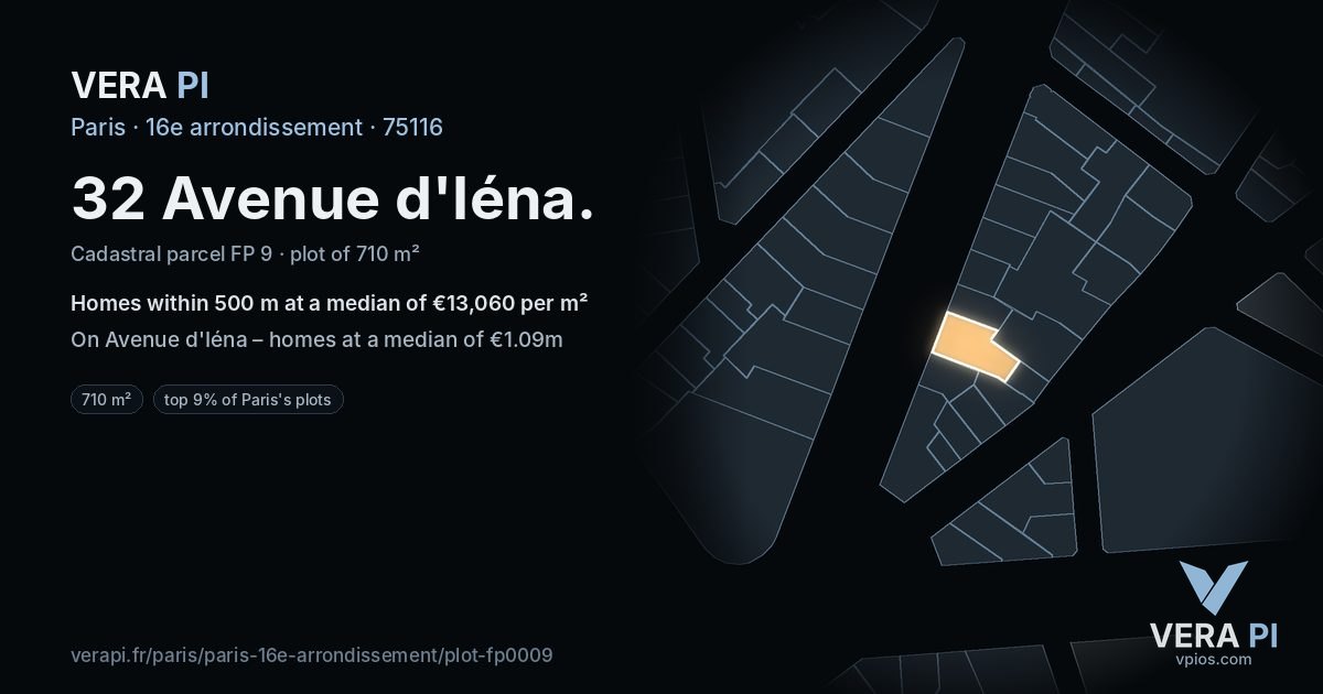 32 Avenue d'Iéna, 16e arrondissement at night – the plot lit, the parcels around coloured by the prices near them