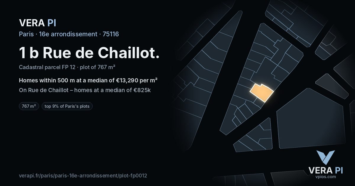 1 b Rue de Chaillot, 16e arrondissement at night – the plot lit, the parcels around coloured by the prices near them