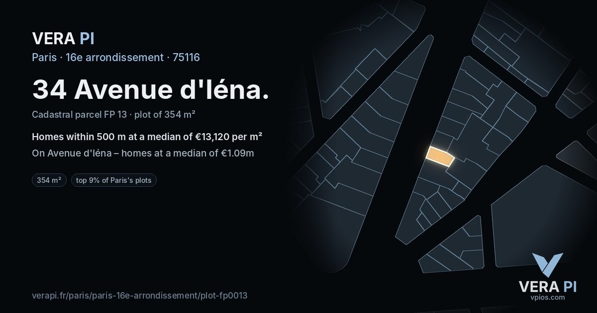 34 Avenue d'Iéna, 16e arrondissement at night – the plot lit, the parcels around coloured by the prices near them
