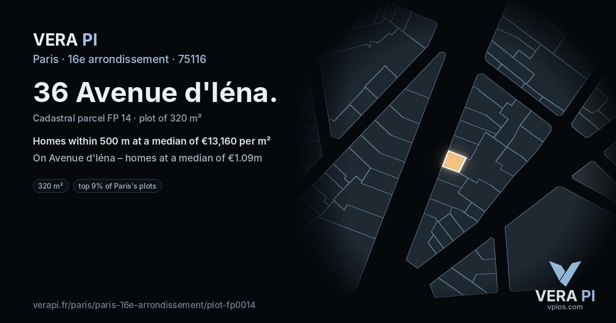 36 Avenue d'Iéna, 16e arrondissement at night – the plot lit, the parcels around coloured by the prices near them