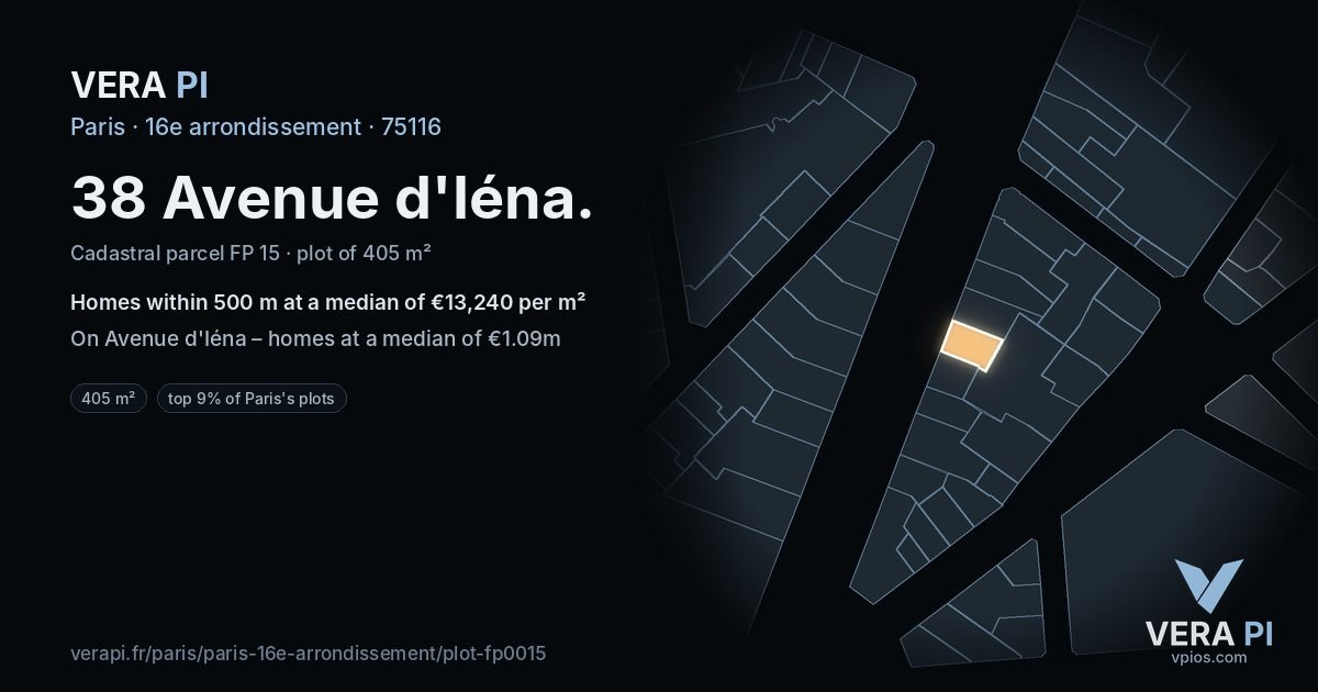 38 Avenue d'Iéna, 16e arrondissement at night – the plot lit, the parcels around coloured by the prices near them