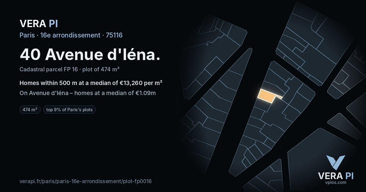 40 Avenue d'Iéna, 16e arrondissement at night – the plot lit, the parcels around coloured by the prices near them