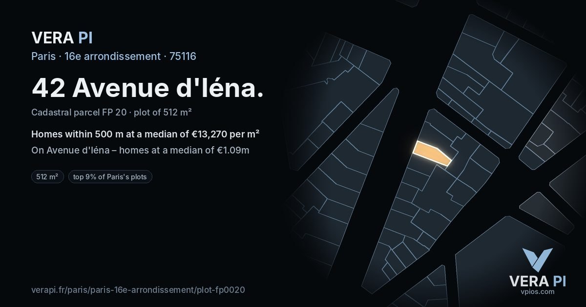 42 Avenue d'Iéna, 16e arrondissement at night – the plot lit, the parcels around coloured by the prices near them