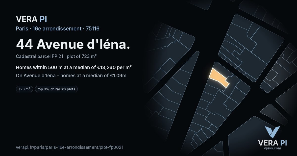 44 Avenue d'Iéna, 16e arrondissement at night – the plot lit, the parcels around coloured by the prices near them