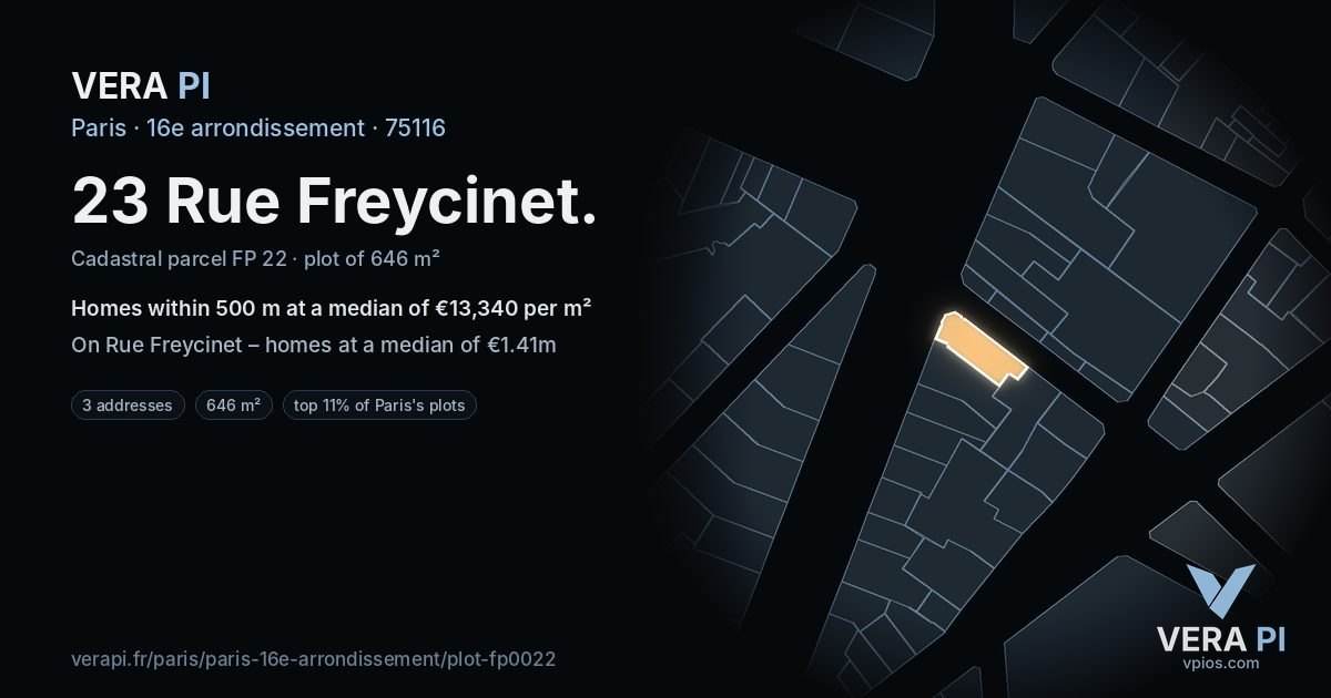 23 Rue Freycinet, 16e arrondissement at night – the plot lit, the parcels around coloured by the prices near them