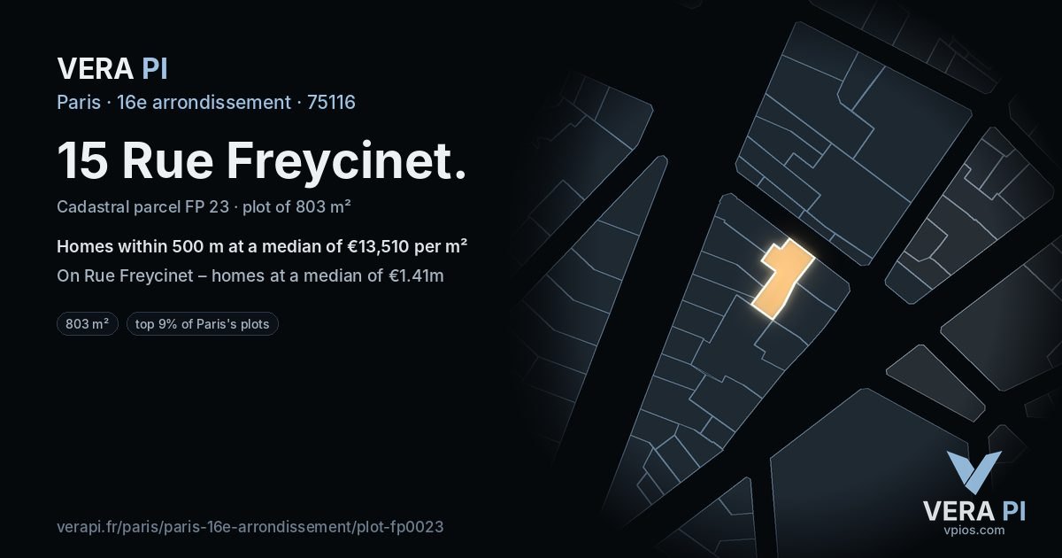 15 Rue Freycinet, 16e arrondissement at night – the plot lit, the parcels around coloured by the prices near them