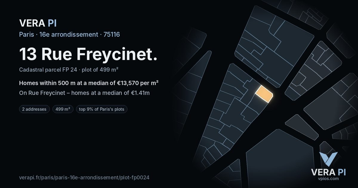 13 Rue Freycinet, 16e arrondissement at night – the plot lit, the parcels around coloured by the prices near them