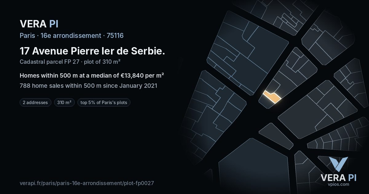 17 Avenue Pierre Ier de Serbie, 16e arrondissement at night – the plot lit, the parcels around coloured by the prices near them