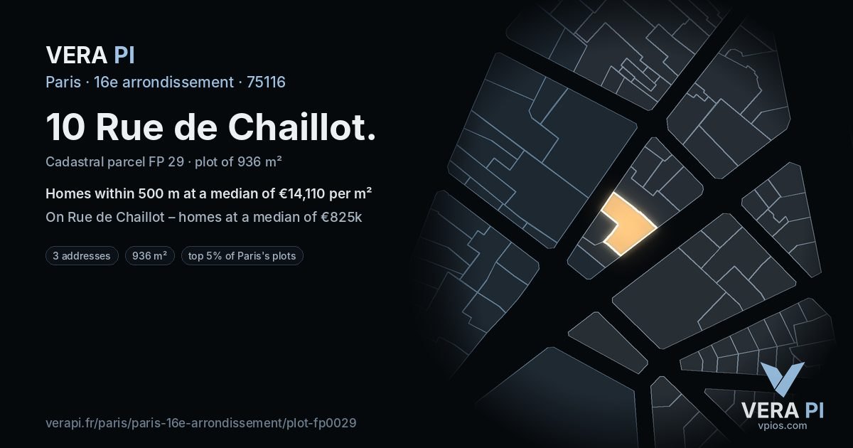 10 Rue de Chaillot, 16e arrondissement at night – the plot lit, the parcels around coloured by the prices near them