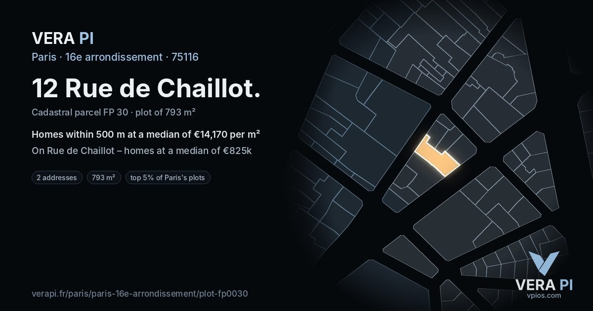 12 Rue de Chaillot, 16e arrondissement at night – the plot lit, the parcels around coloured by the prices near them