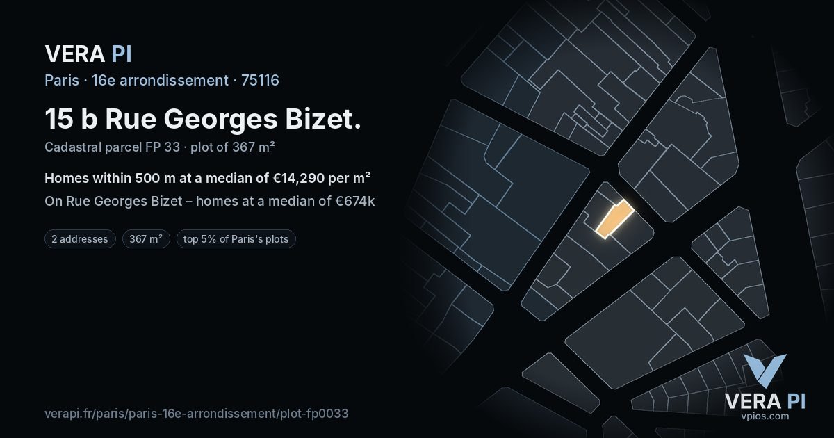 15 b Rue Georges Bizet, 16e arrondissement at night – the plot lit, the parcels around coloured by the prices near them