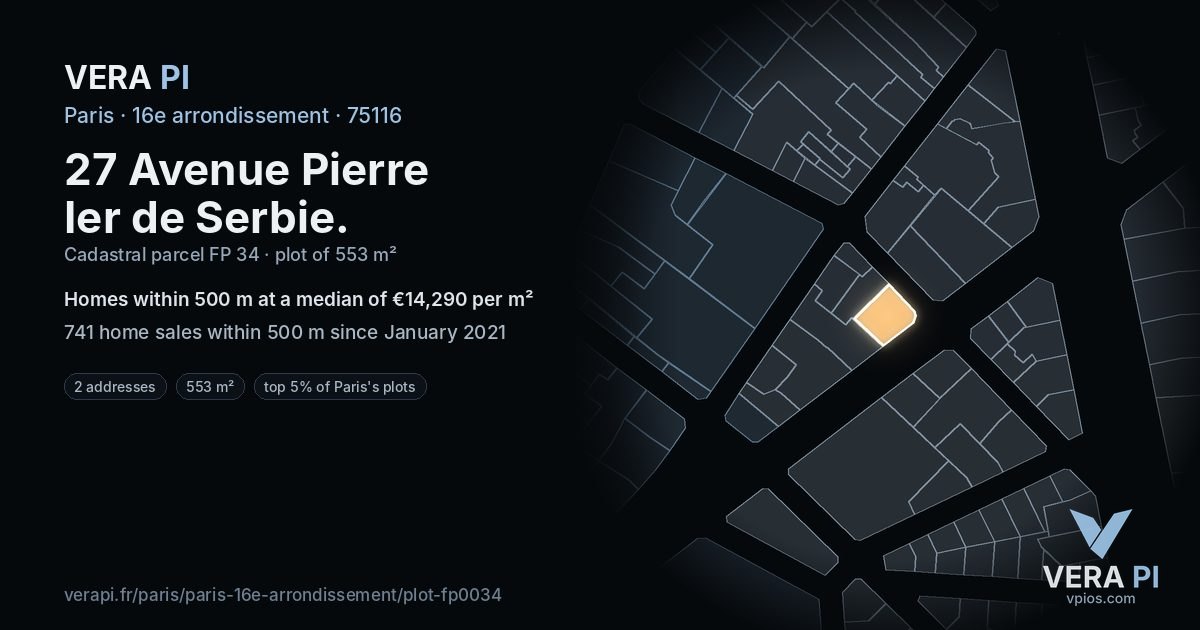 27 Avenue Pierre Ier de Serbie, 16e arrondissement at night – the plot lit, the parcels around coloured by the prices near them