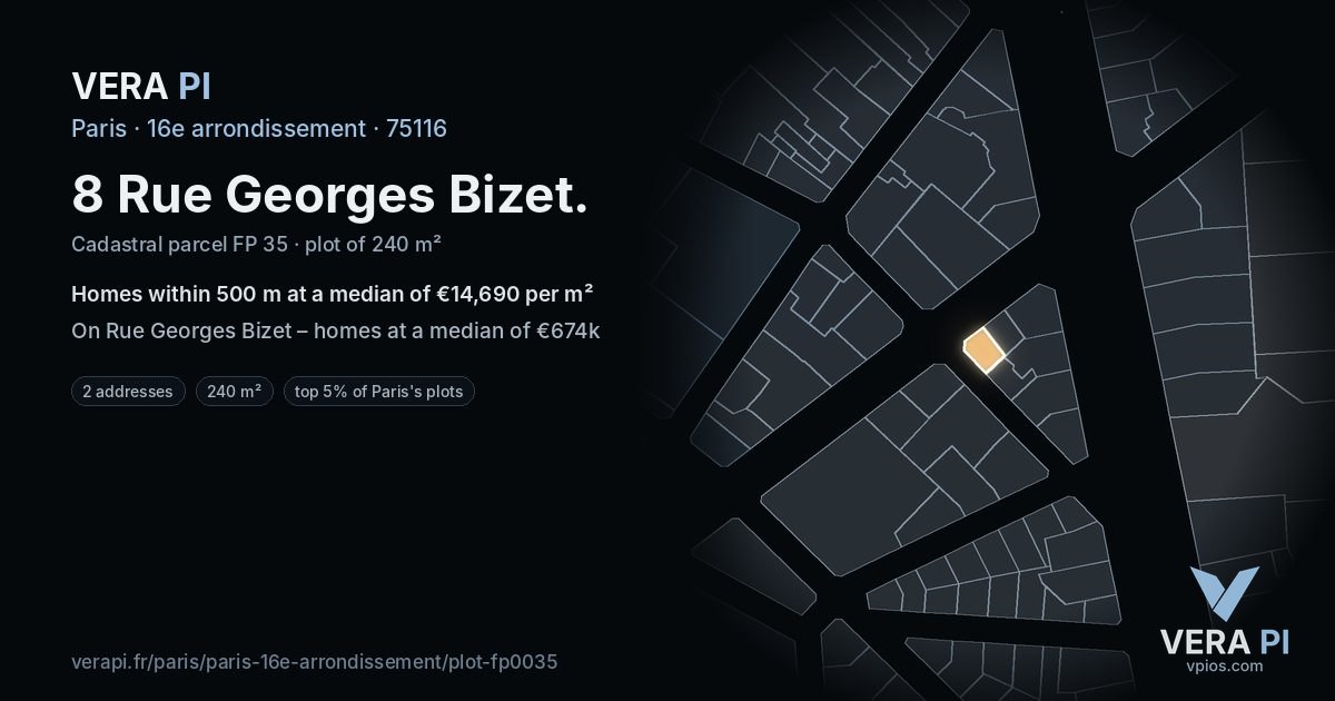 8 Rue Georges Bizet, 16e arrondissement at night – the plot lit, the parcels around coloured by the prices near them