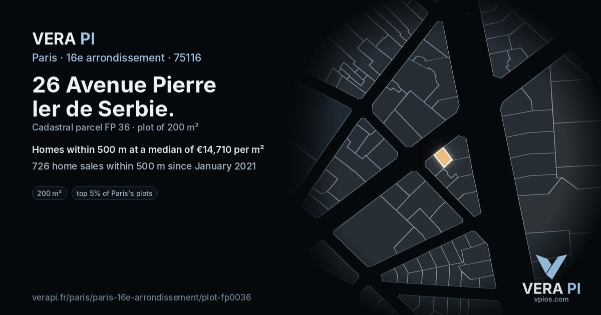 26 Avenue Pierre Ier de Serbie, 16e arrondissement at night – the plot lit, the parcels around coloured by the prices near them