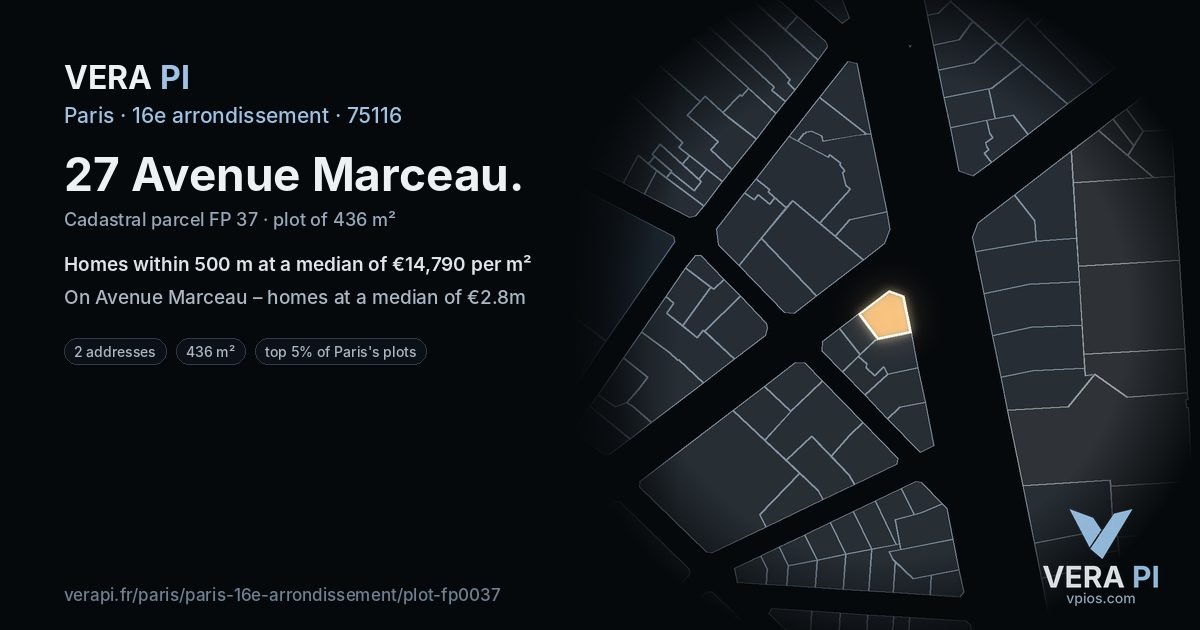 27 Avenue Marceau, 16e arrondissement at night – the plot lit, the parcels around coloured by the prices near them