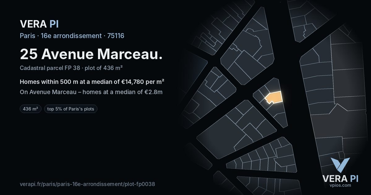 25 Avenue Marceau, 16e arrondissement at night – the plot lit, the parcels around coloured by the prices near them