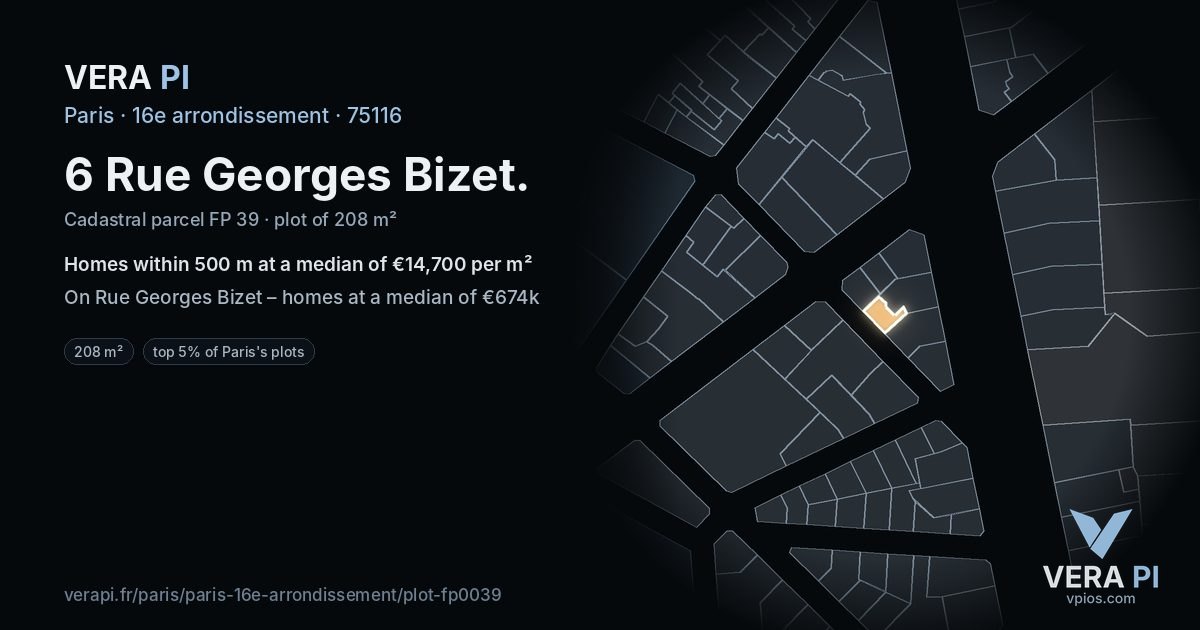 6 Rue Georges Bizet, 16e arrondissement at night – the plot lit, the parcels around coloured by the prices near them