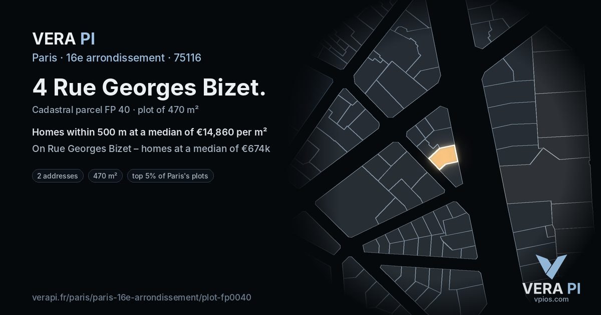 4 Rue Georges Bizet, 16e arrondissement at night – the plot lit, the parcels around coloured by the prices near them