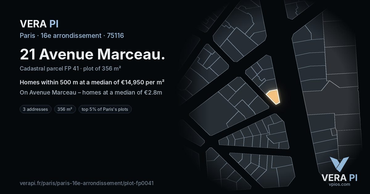 21 Avenue Marceau, 16e arrondissement at night – the plot lit, the parcels around coloured by the prices near them