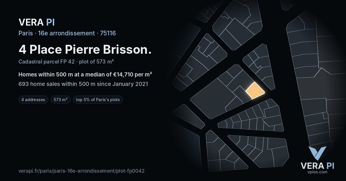 4 Place Pierre Brisson, 16e arrondissement at night – the plot lit, the parcels around coloured by the prices near them