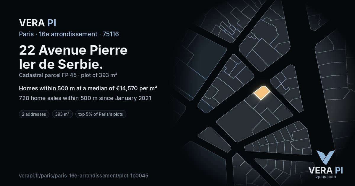 22 Avenue Pierre Ier de Serbie, 16e arrondissement at night – the plot lit, the parcels around coloured by the prices near them