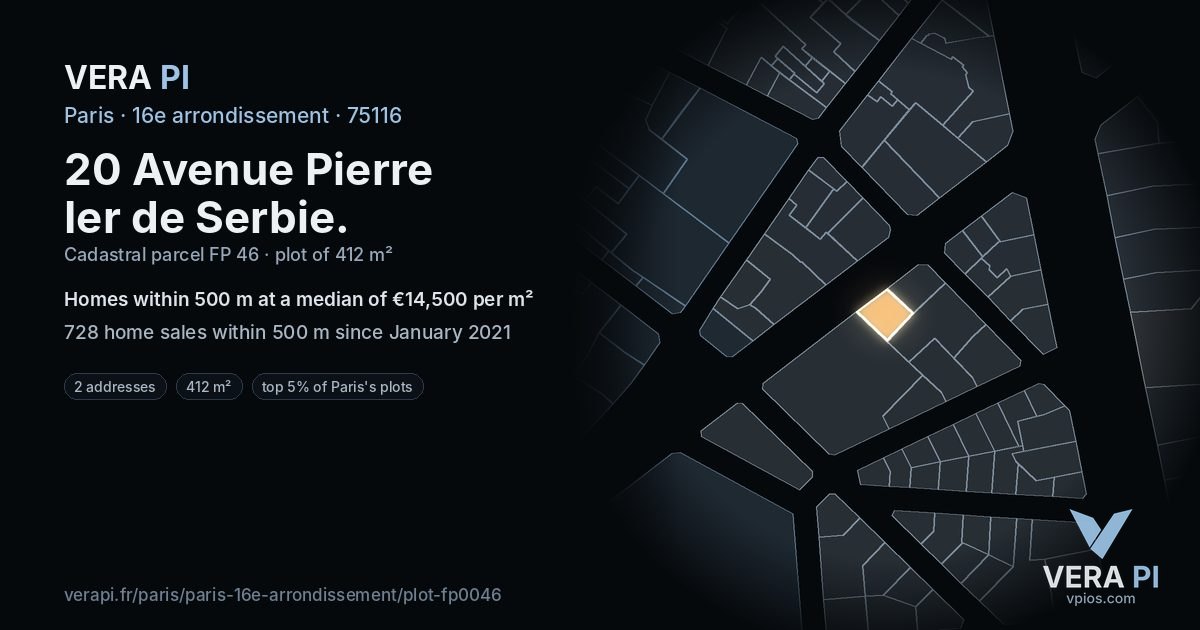 20 Avenue Pierre Ier de Serbie, 16e arrondissement at night – the plot lit, the parcels around coloured by the prices near them