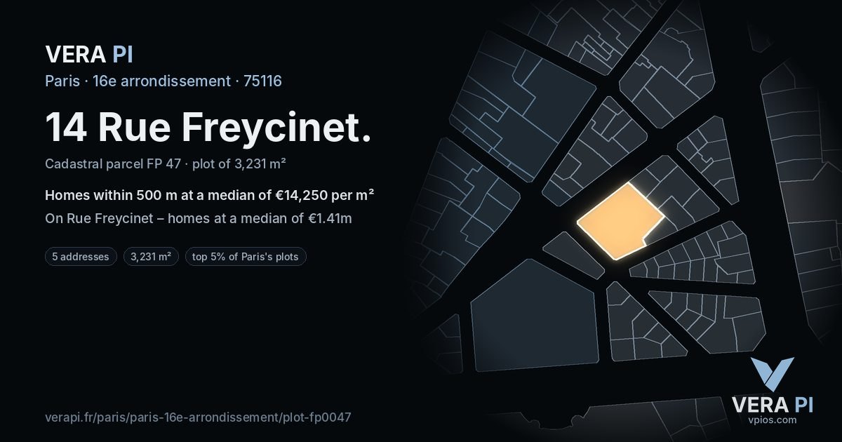 14 Rue Freycinet, 16e arrondissement at night – the plot lit, the parcels around coloured by the prices near them
