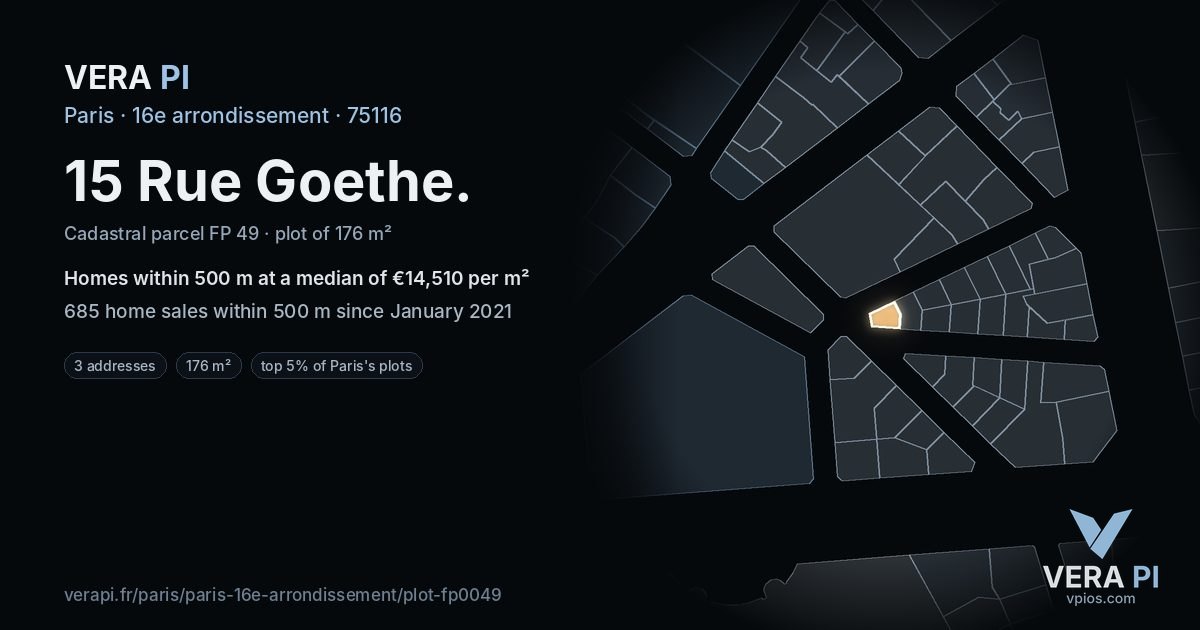 15 Rue Goethe, 16e arrondissement at night – the plot lit, the parcels around coloured by the prices near them