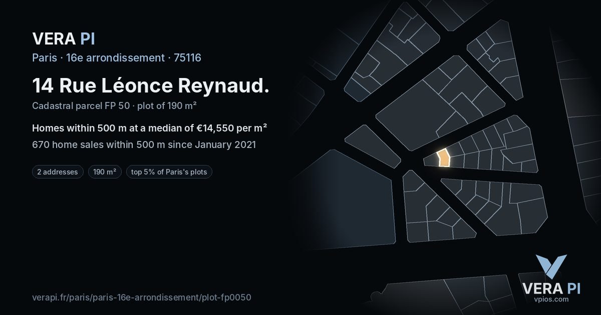 14 Rue Léonce Reynaud, 16e arrondissement at night – the plot lit, the parcels around coloured by the prices near them