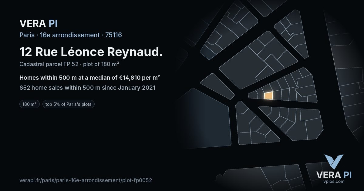 12 Rue Léonce Reynaud, 16e arrondissement at night – the plot lit, the parcels around coloured by the prices near them