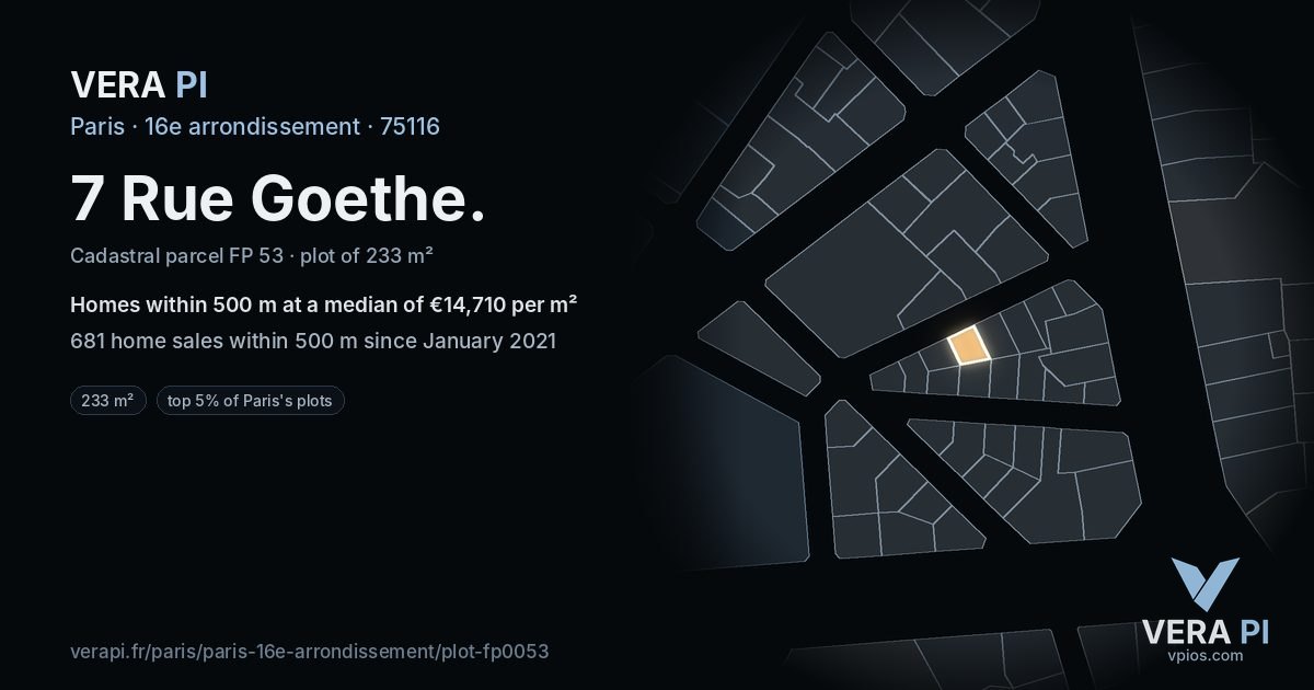 7 Rue Goethe, 16e arrondissement at night – the plot lit, the parcels around coloured by the prices near them