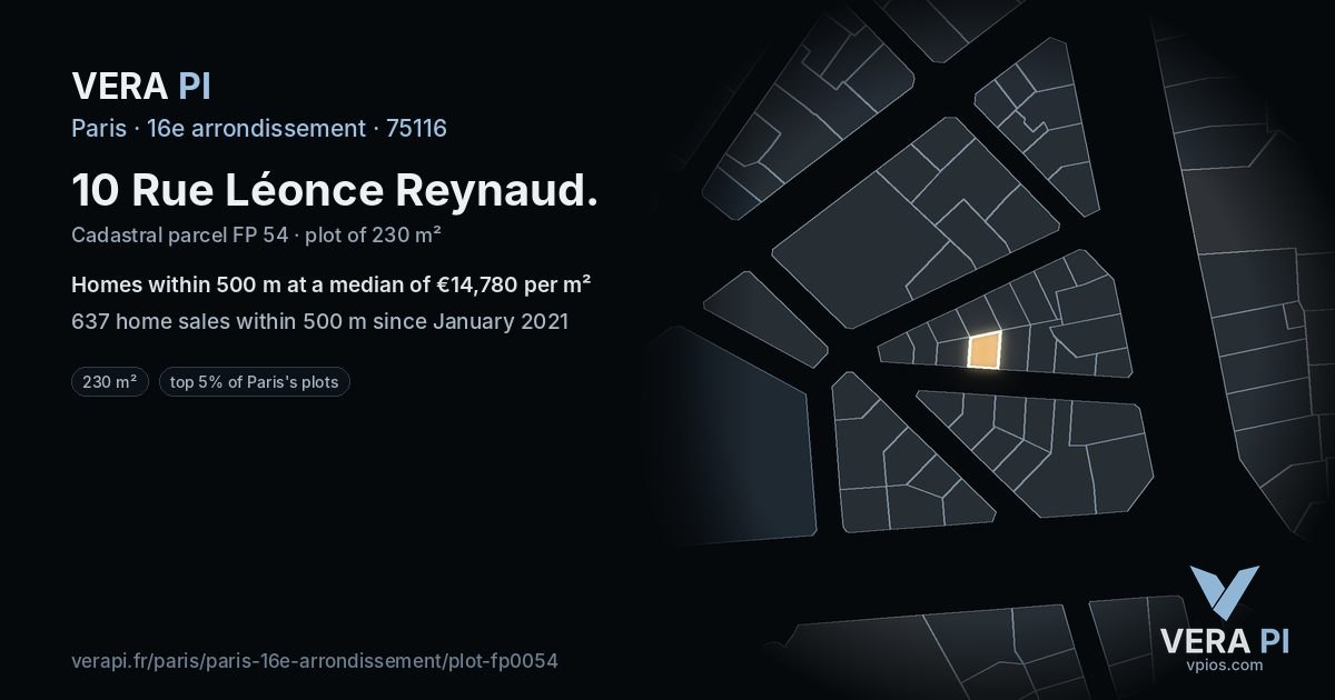 10 Rue Léonce Reynaud, 16e arrondissement at night – the plot lit, the parcels around coloured by the prices near them