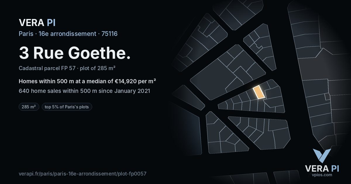 3 Rue Goethe, 16e arrondissement at night – the plot lit, the parcels around coloured by the prices near them