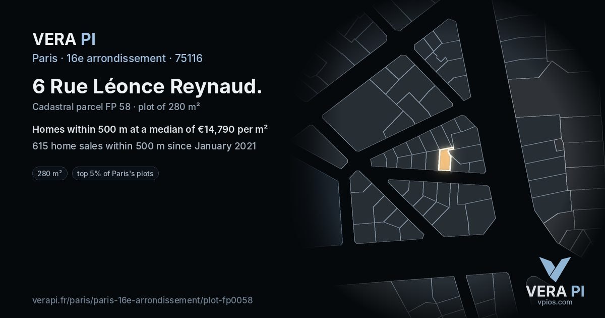 6 Rue Léonce Reynaud, 16e arrondissement at night – the plot lit, the parcels around coloured by the prices near them