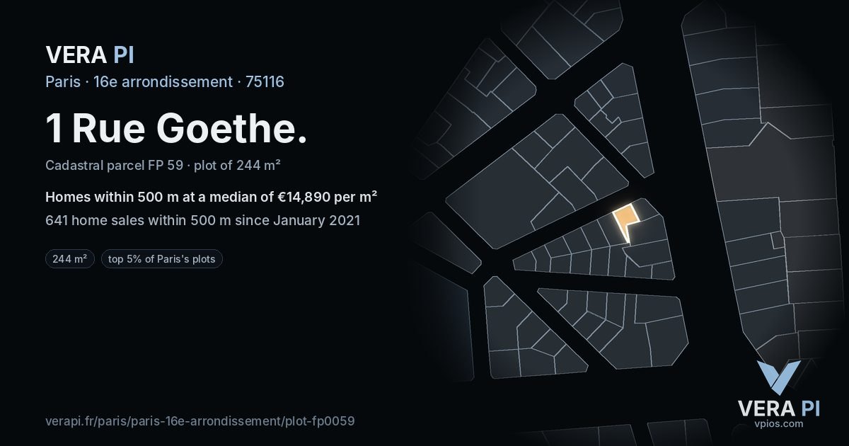 1 Rue Goethe, 16e arrondissement at night – the plot lit, the parcels around coloured by the prices near them
