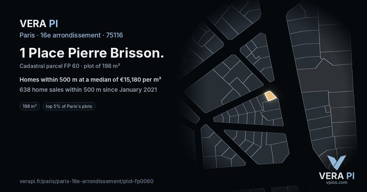 1 Place Pierre Brisson, 16e arrondissement at night – the plot lit, the parcels around coloured by the prices near them
