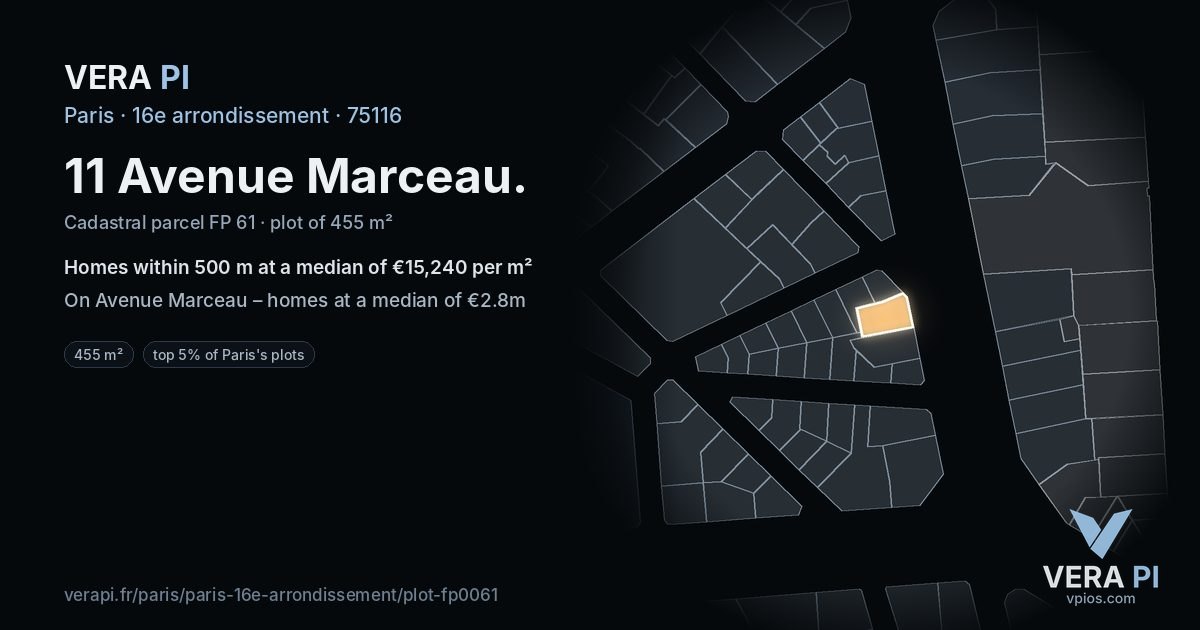 11 Avenue Marceau, 16e arrondissement at night – the plot lit, the parcels around coloured by the prices near them