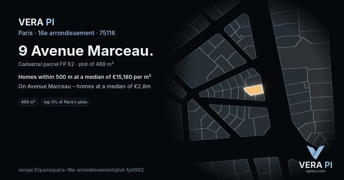 9 Avenue Marceau, 16e arrondissement at night – the plot lit, the parcels around coloured by the prices near them