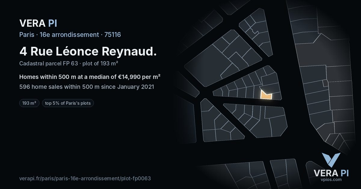 4 Rue Léonce Reynaud, 16e arrondissement at night – the plot lit, the parcels around coloured by the prices near them