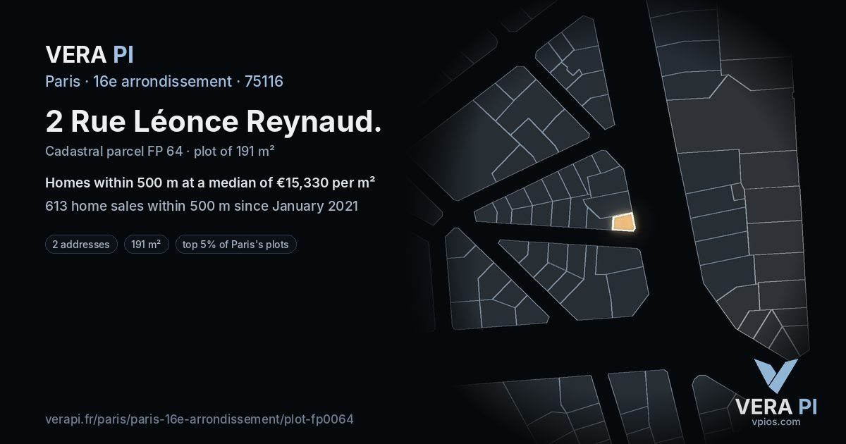 2 Rue Léonce Reynaud, 16e arrondissement at night – the plot lit, the parcels around coloured by the prices near them