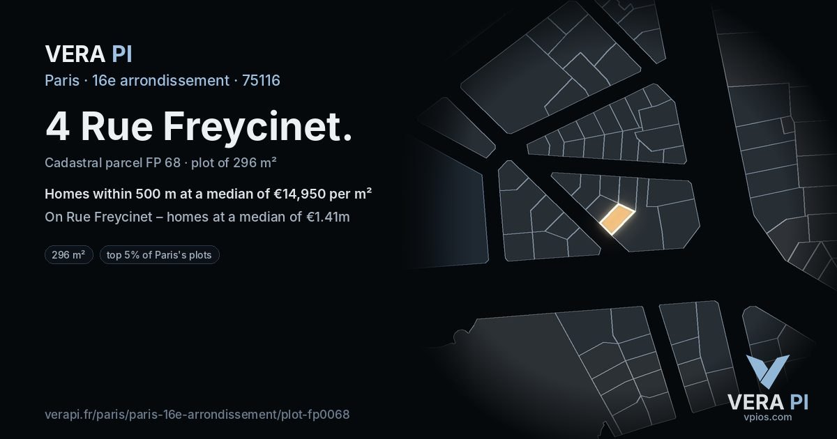 4 Rue Freycinet, 16e arrondissement at night – the plot lit, the parcels around coloured by the prices near them