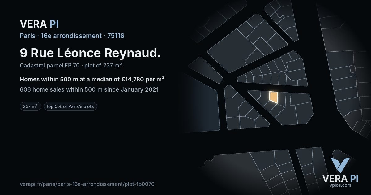 9 Rue Léonce Reynaud, 16e arrondissement at night – the plot lit, the parcels around coloured by the prices near them