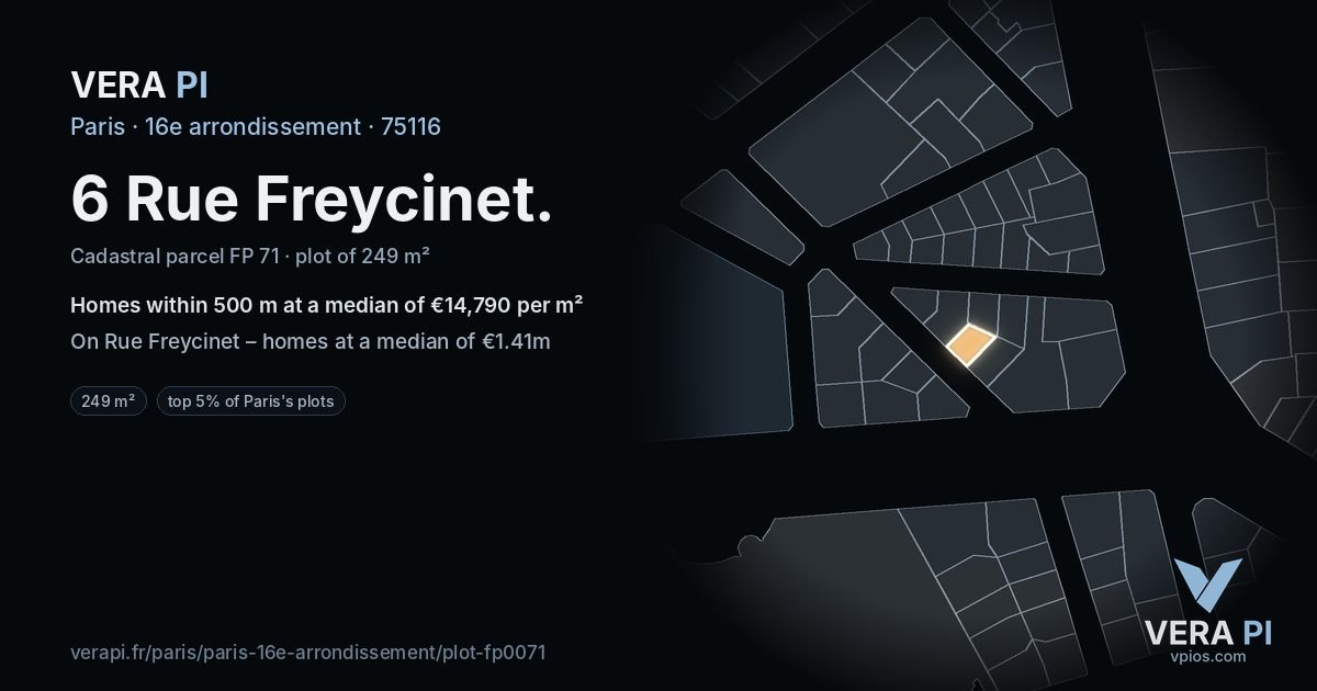 6 Rue Freycinet, 16e arrondissement at night – the plot lit, the parcels around coloured by the prices near them