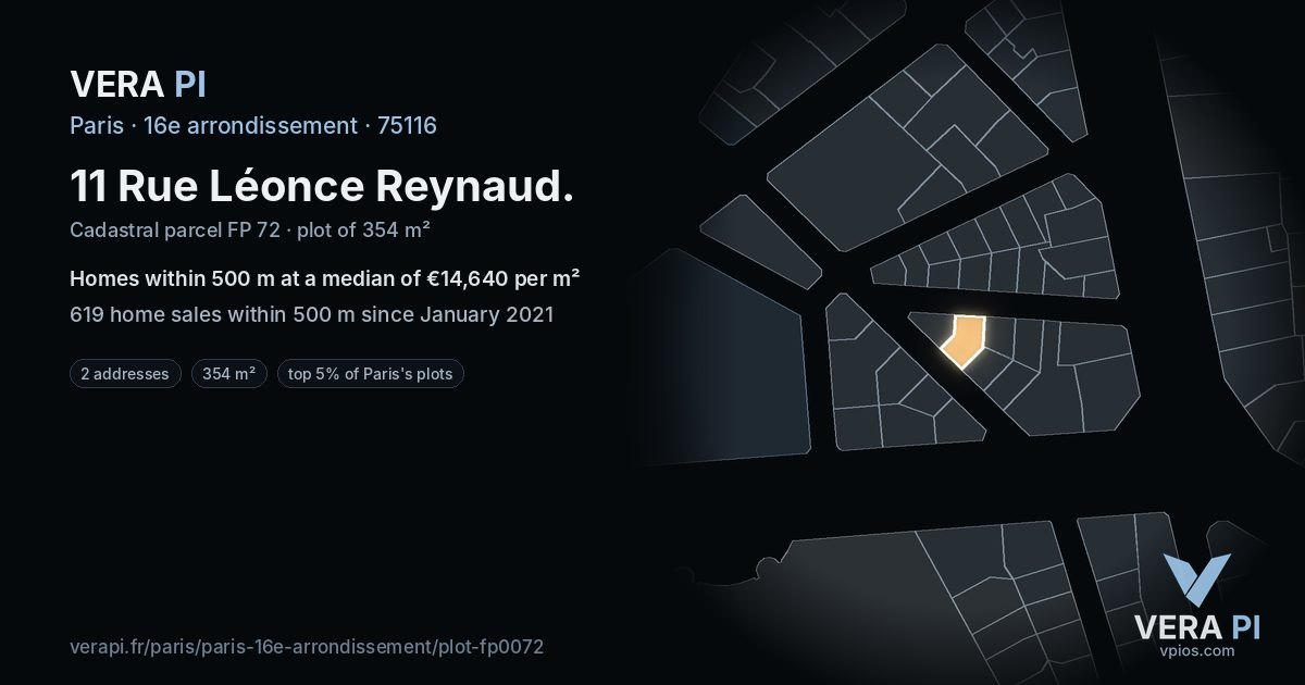 11 Rue Léonce Reynaud, 16e arrondissement at night – the plot lit, the parcels around coloured by the prices near them